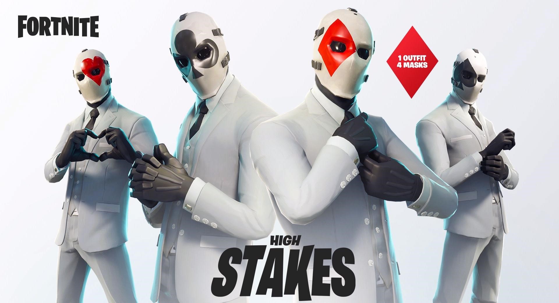 the wildcard skin as it s called is customizable you can swap out 4 different playing card themed masks to top off your white suit - photo de skin fortnite saison 5